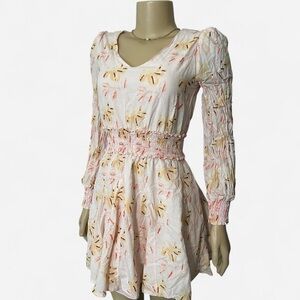 Women’s Long Sleeve Smocked Waist Dress in White with Pastel Floral Print